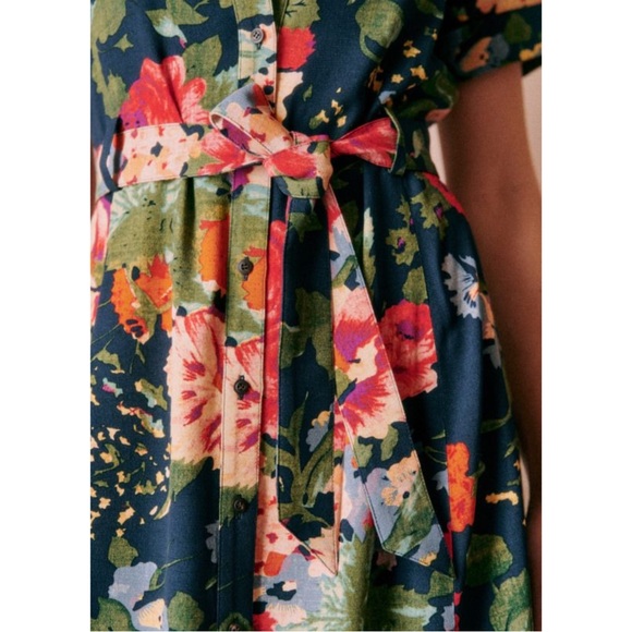SEZANE Navy Red Floral Printed Button Down Belted Midi Shirt Dress Adele Dress - Picture 5 of 11